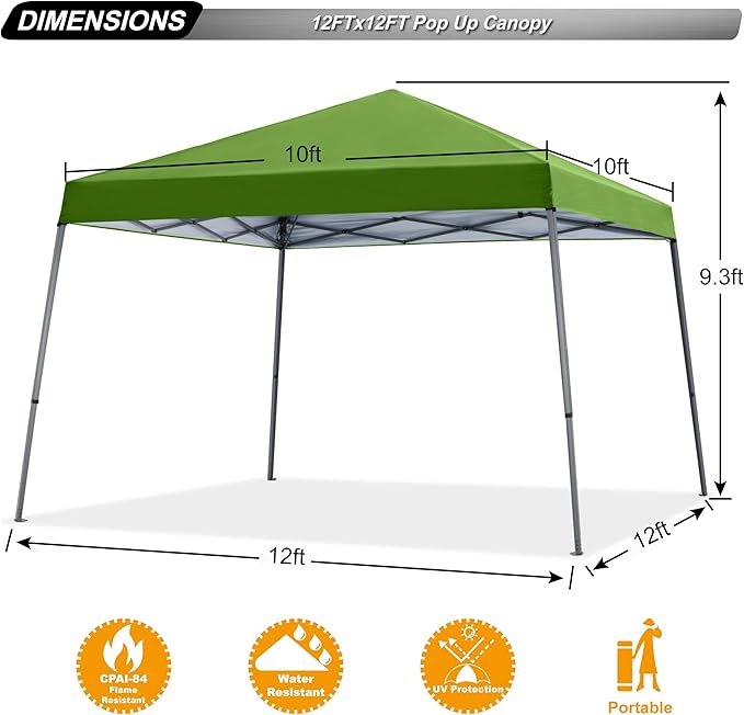 ABCCANOPY Stable Pop up Outdoor Canopy Tent 12 x 12 ft Base / 10 x 10 ft Top, Grass Green