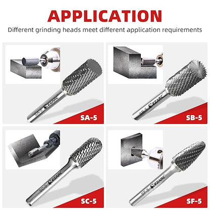 EZARC Tungsten Carbide Rotary Burr Bit, SA-5 Double Cut Carbide Burr 1/4" Shank Die Grinder Cutting Burrs Bit for Metal Working & Sturdy Storage Case