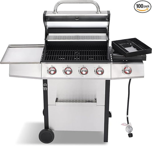 Cookit 4-Burner Gas Grill with Side Burner, 49,000 BTU Output - Double-layer Stainless Steel Grill Lid, Cast Iron Grates, Griddle & Charcoal Pan, Easy-Clean Grease Management for Perfect BBQs