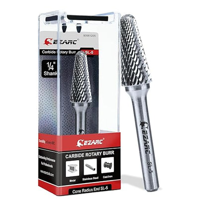 EZARC Tungsten Carbide Rotary Burr Bit, SL-5 Taper Shape Radius End Double Cut Carbide Burr 1/4" Shank Die Grinder Cutting Burrs Bit for Metal Working & Sturdy Storage Case