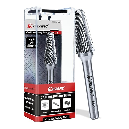 EZARC Tungsten Carbide Rotary Burr Bit, SL-5 Taper Shape Radius End Double Cut Carbide Burr 1/4" Shank Die Grinder Cutting Burrs Bit for Metal Working & Sturdy Storage Case