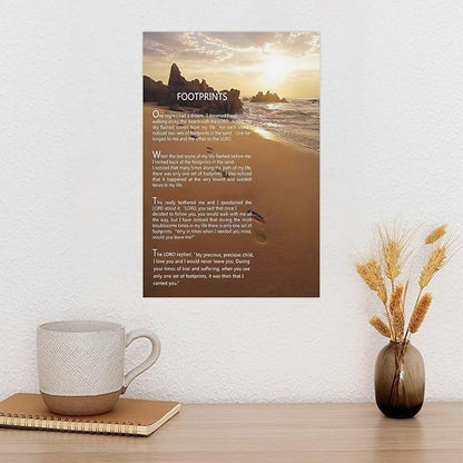 Footprints in the Sand Religious Canvas Wall Art Posters, Inspirational Beach Sunset Poem Print Poster (Unframed 24x36inch, Footprints(2))