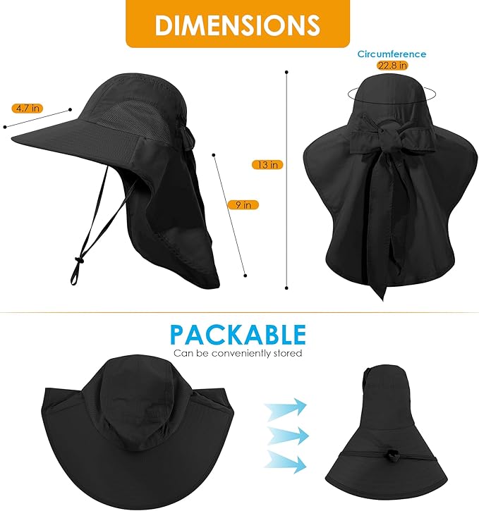 Womens Sun Hat UV Protection, Foldable Waterproof Wide Brim Bucket Hats with Neck Flap for Summer Beach Fishing Hiking