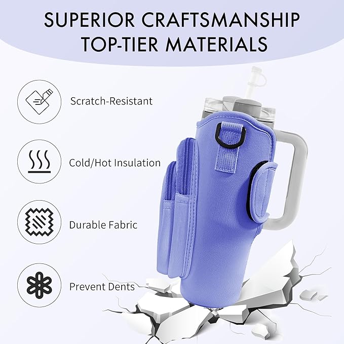 Water Bottle Carrier Bag with Phone Pocket for Stanley Cup 40/30 oz, Water Bottle Holder with Adjustable Strap& Straw Cover, Stanley Cup Accessories