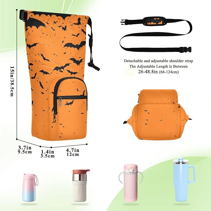 Halloween Black Bats Orange Water Bottle Holder with Strap Insulated Water Bottle Carrier Crossbody Bags Pouch with Phone Pocket for Travel Gym Hiking Walking Running