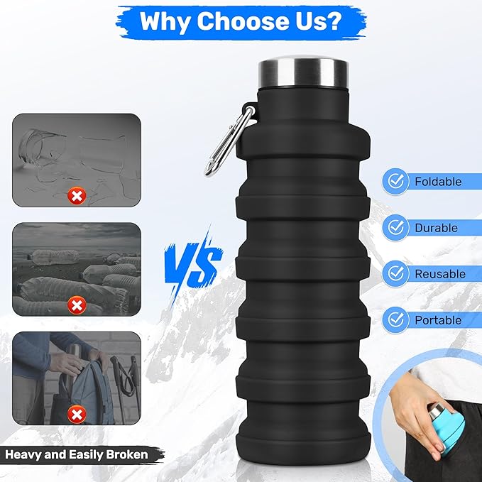 Collapsible Water Bottle, 16oz Portable Reusable Silicone Water Bottle, BPA-Free Leak-Proof Foldable Design with Carabiner, Lightweight Durable for Gym, Travel, Camping, Hiking, Sports-Black