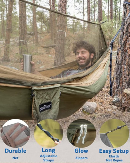 Sunyear Hammock Camping with Rain Fly Tarp and Net, Portable Camping Hammock Double Tree Hammock Outdoor Indoor Backpacking Travel & Survival, 2 Tree Straps,100% Waterproof