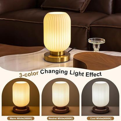 Modern Ribbed Glass Table Lamps Mid Century Bedside Light Small Nightstand Lamp with Plug-in Style, E26 Ambient Lighting for Bedroom Living Room Tabletop, Milky White