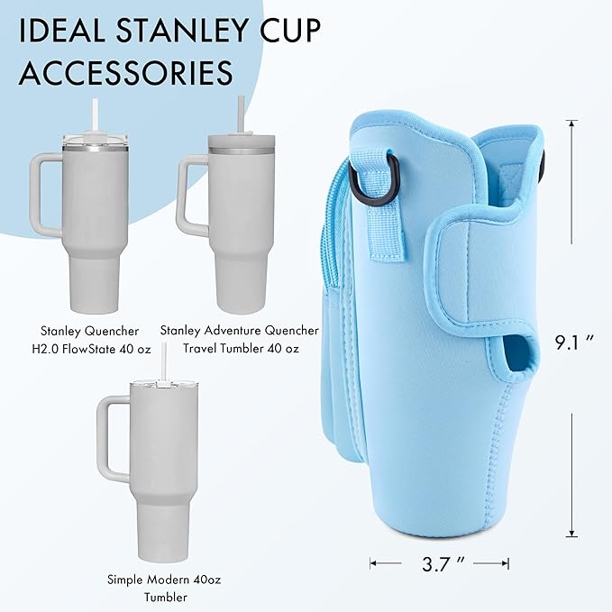 Water Bottle Carrier Bag with Phone Pocket for Stanley Cup 40/30 oz, Water Bottle Holder with Adjustable Strap& Straw Cover, Stanley Cup Accessories