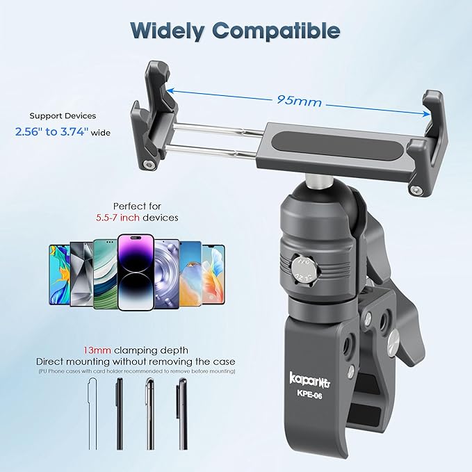 Riding Phone Clip Kit, Dual Knob Single Socket Arm and Aluminium Handlebar Base Mount Strong Rod Clamp, Suitable for Installation in 0.55-1.77” Diameter Steel Round Bar (KPS-07)