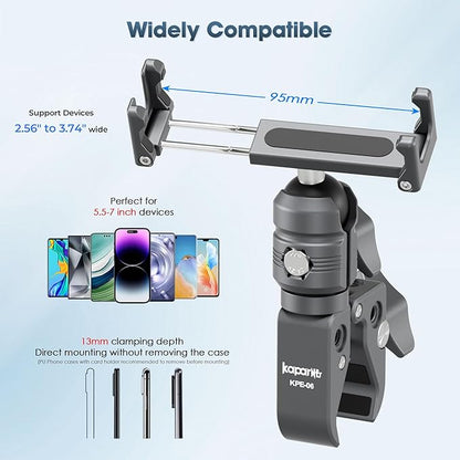 Riding Phone Clip Kit, Dual Knob Single Socket Arm and Aluminium Handlebar Base Mount Strong Rod Clamp, Suitable for Installation in 0.55-1.77” Diameter Steel Round Bar (KPS-07)