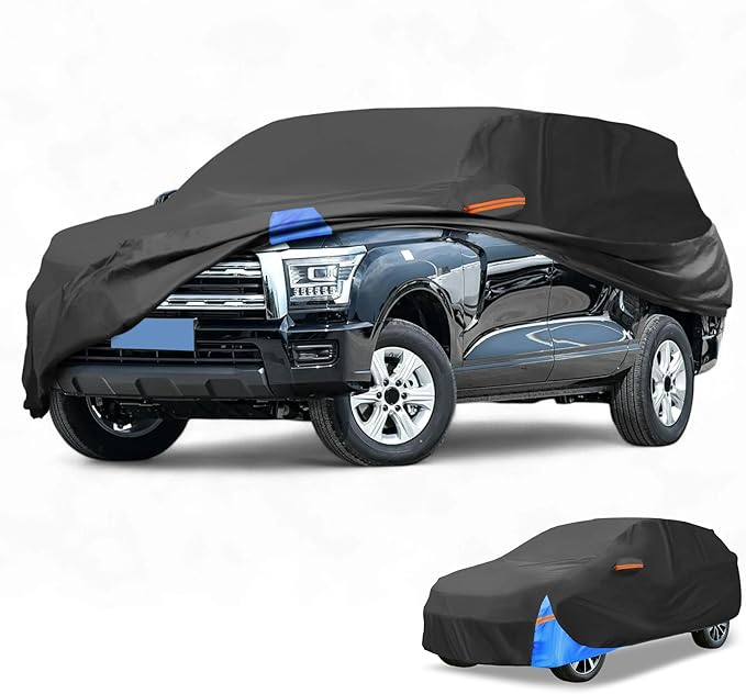 Waterproof All-Weather Universal Car Cover with Right Side Zipper, 210D-PU Black Blue Fits for SUV 190" to 200" Length