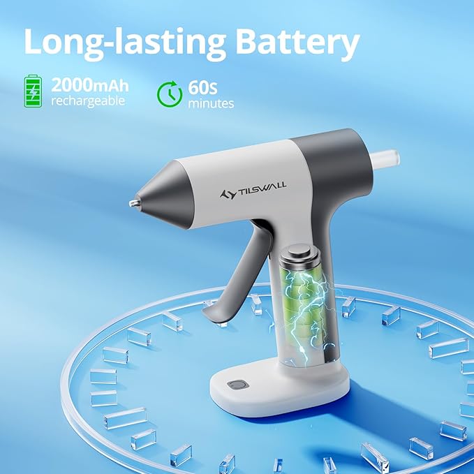 Tilswall 4V Cordless Hot Glue Gun, Rapid 30s Preheat with 20 Premium Glue Sticks (20x140mm), 2000mAh Type-C Rechargeable, Ideal for DIY Crafts, Home Repairs, and Gift Making - White