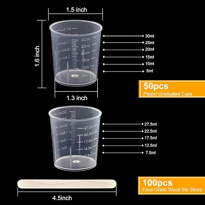 Coopay 50 Pack 30ml/1oz Plastic Graduated Cups Transparent Scale Clear Epoxy Mixing Cup with 100 Pack Wooden Stirring Sticks for Resin, Epoxy, Stain, Mixing Paint