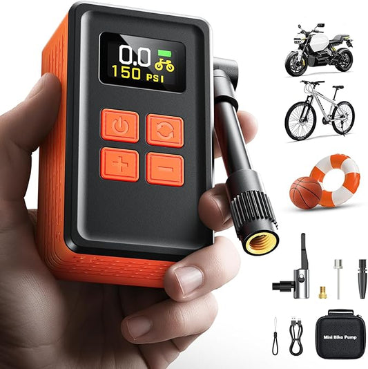 MCY Portable and Mini Bike Pump with Guage,20s Fast Inflate Electric Bike Tire Pump with 150PSI,Bicycle Pump with Presta,Schrader Valve,Auto Stop,Clear Pressure Display,Motorcycle,Ball,Swimming Ring