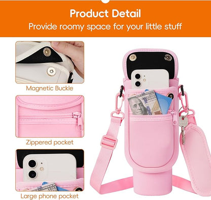 Water Bottle Carrier Bag with Phone Pocket for Stanley 40/30 oz Tumbler Neoprene Insulated Mug Sleeve Pouch with 2 Pockets & Adjustable Strap & Straw Cover for Stanley Cup Accessories