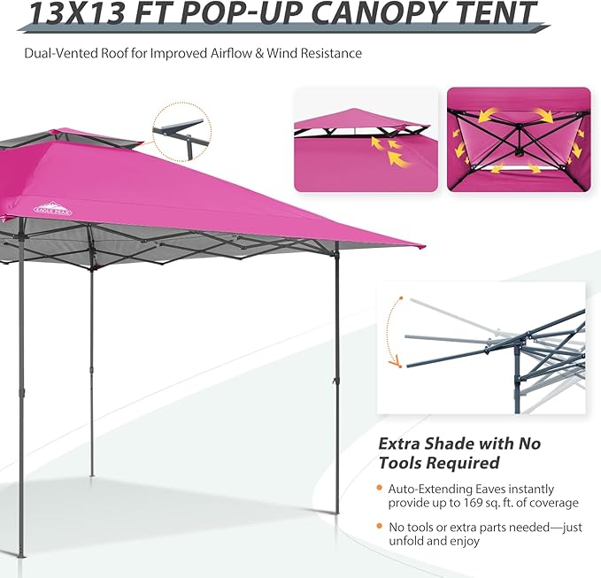 EAGLE PEAK 13x13 Straight Leg Pop Up Canopy Tent Instant Outdoor Canopy Easy Single Person Set up Folding Shelter w/Auto Extending Eaves 169 Square Feet of Shade (Light Pink)