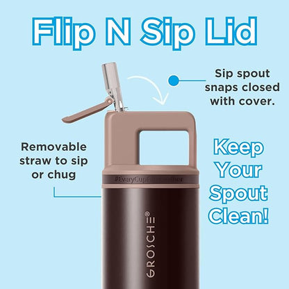 GROSCHE Alpine Shimmer Flip 'N Sip 20oz Insulated Water Bottle - Stainless Steel, Leakproof Flask with Straw, Perfect for Gym, Travel & Outdoor Use, Canadian Brand! - 20 fl. oz, Espresso