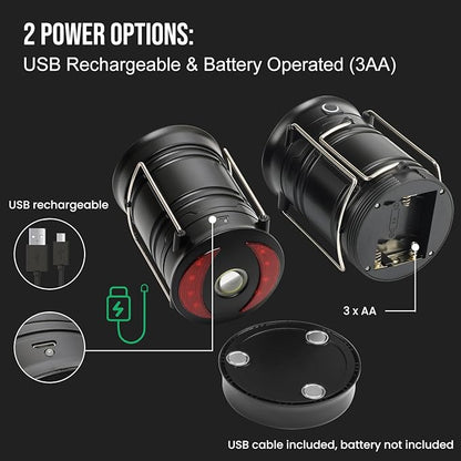 Lichamp 2 Pack Camping Lanterns Rechargeable and Battery Powered, Dual Power Source and 4 Mode Lantern Flashlight COB Camp Light for Power Outages, Camping Supplies and Home Hurricane Supplies, E2BK