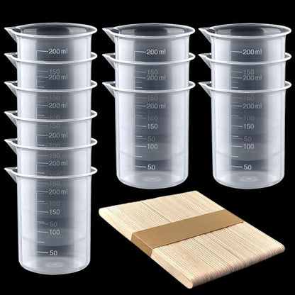 Coopay 12 Pack 200ml/6.8oz Plastic Beakers Epoxy Mixing Cups, Plastic Graduated Cups Clear Multipurpose Measuring Cups with 50 Pack Wooden Stirring Sticks for Resin, Epoxy, Stain, Mixing Paint