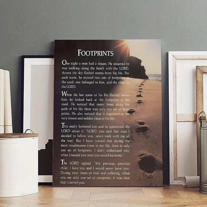 Footprints in the Sand Religious Canvas Wall Art Posters, Inspirational Beach Sunset Poem Print Poster (Framed 16x24inch, Footprints(7))