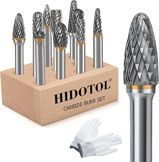 Carbide Burr Set 1/4" Shank 10PC Tungsten Double Cut Carbide Rotary Burr Set for Metal and Wood Carving, Grinding, Polishing, Engraving, Drilling in Wooden Case.