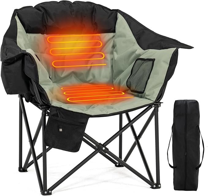 NAIZEA Heated Camping Chairs with Cooler Bag, Folding Camping Chair for Adults Outdoor, Heavy Duty Heated Lawn Chair for Camp, Garden, Firepits, Patio, & More, Support 500 LBS