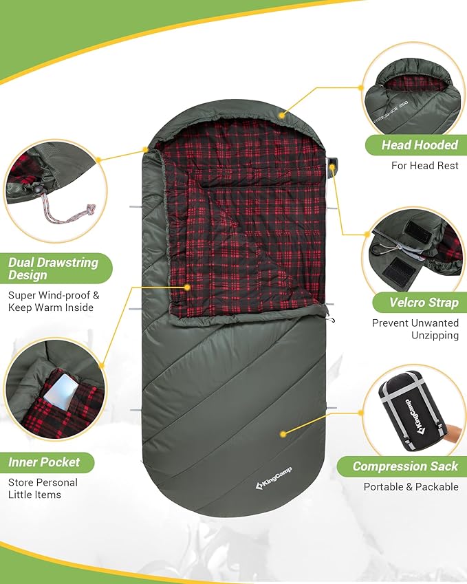 KingCamp Sleeping Bag for Adults, Cold Weather & Warm Extra Wide Big & Tall XL Portable Waterproof Flannel Sleeping Bags, Essentials Gear Accessories for Camping Backpacking Hiking Indoor & Outdoor