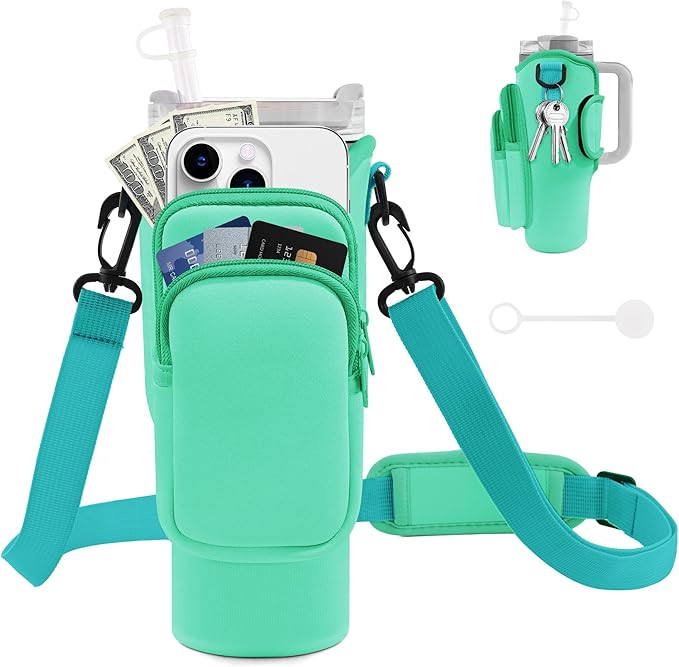Water Bottle Carrier Bag with Phone Pocket for Stanley Cup 40/30 oz, Water Bottle Holder with Adjustable Strap& Straw Cover, Stanley Cup Accessories