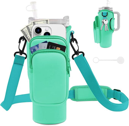 Water Bottle Carrier Bag with Phone Pocket for Stanley Cup 40/30 oz, Water Bottle Holder with Adjustable Strap& Straw Cover, Stanley Cup Accessories