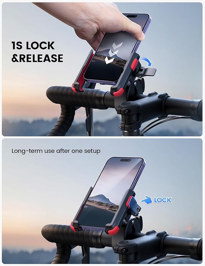 Lamicall Motorcycle Phone Mount Holder - [Camera Friendly] [1s Lock] Bike Phone Holder Handlebar Clamp, Bicycle Scooter Phone Clip, for iPhone Air, 17, 16, 15 Pro Max, Galaxy, 4.7-7" Phones, Red
