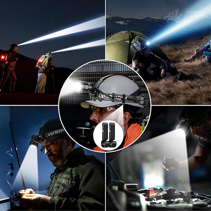 Super Bright LED Headlamp, High Lumen Rechargeable Head Lamp with Motion Sensor, 5 Modes, IPX5 Waterproof, 90° Adjustable, Zoomable Head Lights for Adults, Hard Hat, Outdoor, Camping