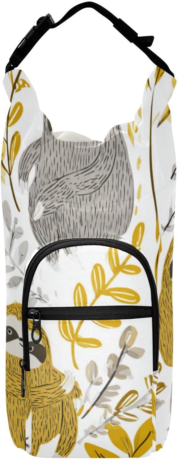 Cartoon Sloths Leaves White Water Bottle Holder with Strap Insulated Water Bottle Carrier Crossbody Bags Pouch with Phone Pocket for Travel Gym Hiking Walking Running