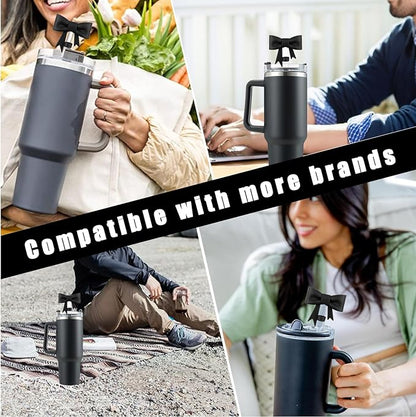 4Pcs Silicone Straw Toppers Covers for Stanley Cups 40/30oz 10mm(0.4in) Dust-Proof Bow Straw Covers Toppers Suitbale for Stanley Cup Accessories Reusable Straws Caps (Black)