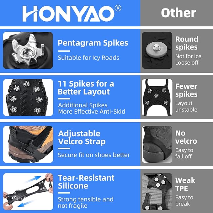 HONYAO Ice Cleats Crampons for Shoes and Boots, Stainless Steel Ice Grippers Spikes Grips Traction for Winter Ice Snow, Hiking Climbing Ice Fishing