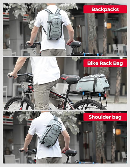 KEMIMOTO Rear Bike Rack Bag 11L, Water-resistant 3 IN 1 Bicycle Trunk Bag Cycling Luggage Saddle Shoulder Pack for Road Mountain Ebikes, Storage Backpack for Commuting, Shopping, Traveling, Grey