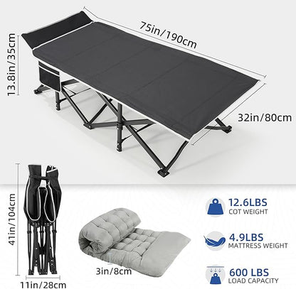 HABUTWAY Camping Cot with Mattress, 32" Extra Wide Camping Cots for Adults, Sleeping Cot for Adults Holds Up to 600LBS, Cots for Sleeping, Camp, Rv, Beach, Patio, Office Naps(Grey)