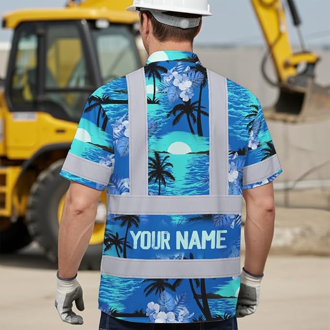 High Visibility Hawaiian Shirt for Men Tropical Shirts Custom Name Floral Outfit Reflective Safety Workwear