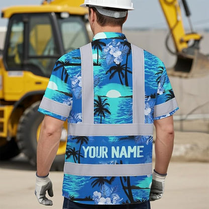 High Visibility Hawaiian Shirt for Men Tropical Shirts Custom Name Floral Outfit Reflective Safety Workwear