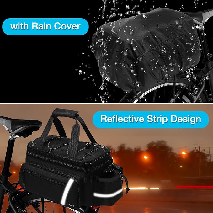 MOSISO Bike Rack Bag with Rain Cover, Bike Trunk Cooler Handag Insulated Bicycle Rear Seat Pouch with 2 Side Foldable Panniers, 8L Cycling Backseat Storage Cargo Saddle Shoulder Bag, Black