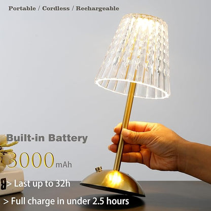 Cordless Table Lamp with Touch Control - 3000mAh Rechargeable, Small Crystal 3-Color Dimmable Ambient Light for Dining Table, Bedside, Kitchen, Entryway, Bathroom, Restaurant, Gifts