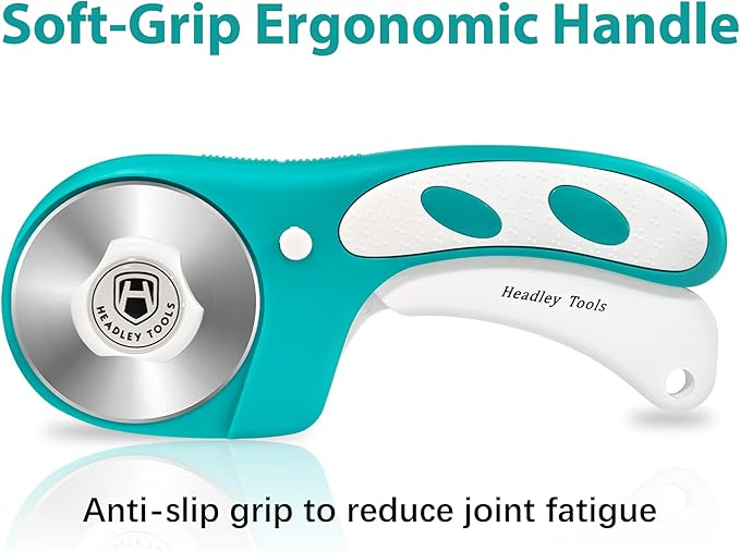 Headley Tools Rotary Cutter 60mm Upgraded with Bearing Design for Smoother and deeper cutting, Ergonomic Handle Rolling Cutter with Safety Lock for Fabric, Fabric, Leather, Crafting, Sewing, Turquoise