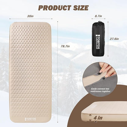 TOBTOS 4" Thick Self Inflating Sleeping Pad with Electric Pump, Ultra-Compressible Compact Foam Camping Mattress, Fast Inflate Insulated Sleeping Mat for Tent, Car, Camping