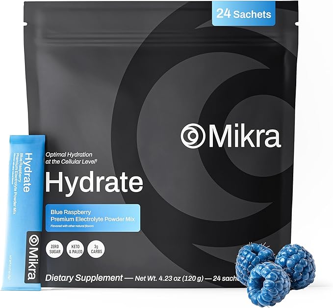 Mikra Hydrate Electrolytes Powder Packets, Sugar Free Hydration Powder Sticks, Naturally Flavored Electrolyte Drink Mix for Needed Hydration Support, Daily Wellness & Workout, Blue Raspberry, 24 Pack