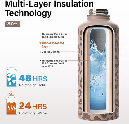 Insulated Water Bottle | Thickened Stainless Steel for Gym and Hiking with Straw, Carrier Bag, Handle Strap | BPA-Free 87 oz