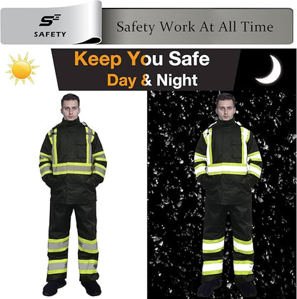 sesafety Hi Vis Rain Jacket, Rain Suits for Men Waterproof withBlack Bottom, Rain Coats for Men Interior Mesh, Class 3 HighVisibility Rain Gear,Removable Hood
