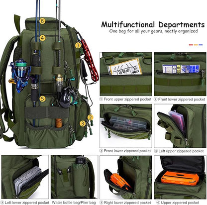 Fishing Backpack with Tackle Boxes 45L Fishing Tackle Backpack Bag Tackle Box, Outdoor Waterproof Large Tackle Bag Gear Storage Bag for Fishermen Christmas Birthday Gifts (Green)