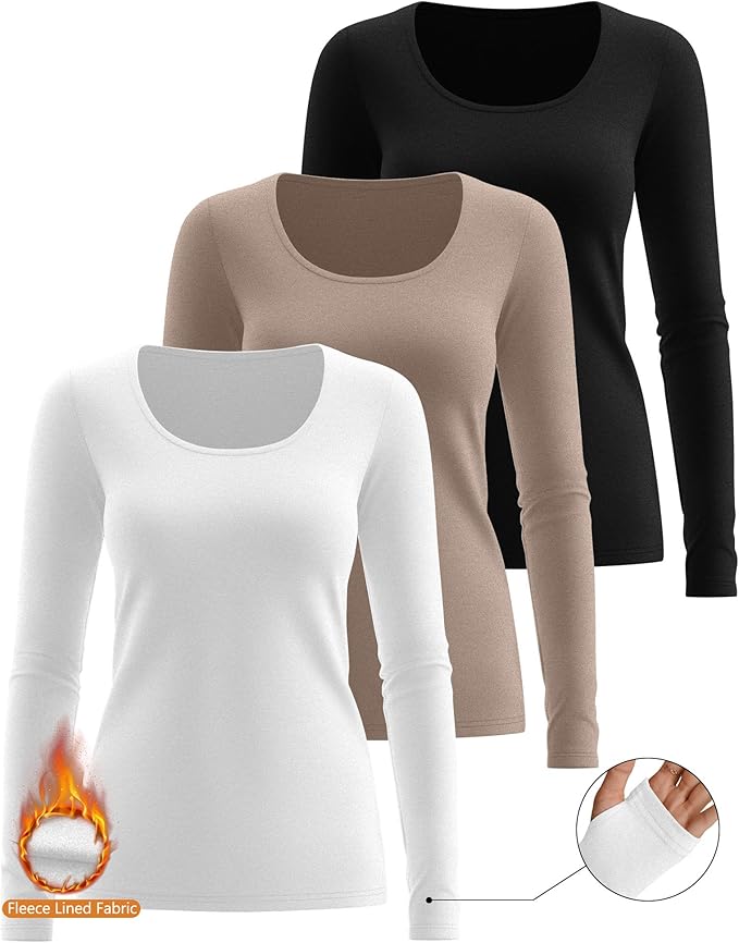 Riyiper 3 Pack Women's Thermal Long Sleeve Shirts, Fleece Scoop Neck Fitted Top Stretchy Thumb Holes Undershirt Baselayer Tee