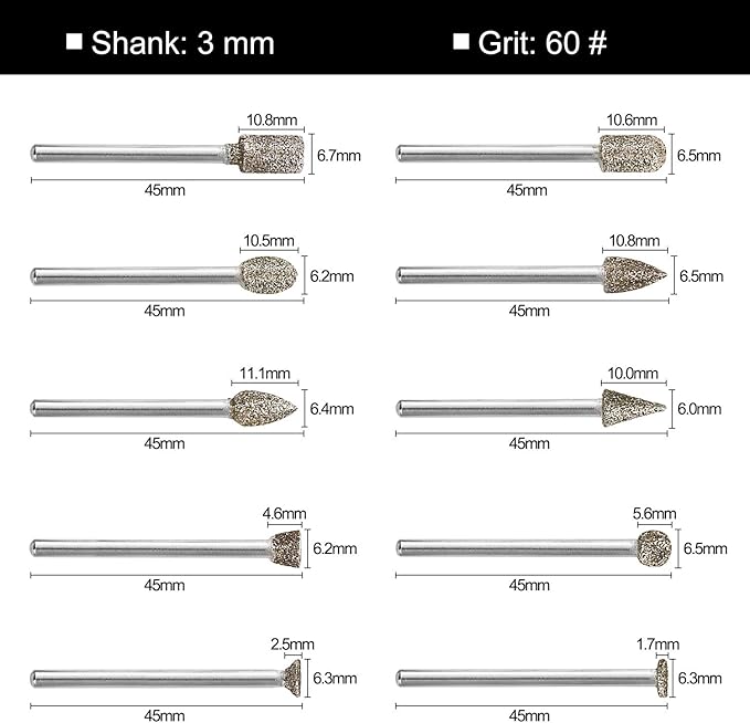60 Grit 20Pcs Diamond Burr Set - GOXAWEE Rotary Grinding Burrs Engraving Bits Set with 1/8-inch Shank, Diamond-Coated Stone Carving Accessories Bit Universal Fitment for Rotary Tools