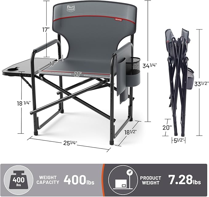 TIMBER RIDGE Heated Aluminum Oversized Camping Chair, Lightweight Portable Directors Chair with Side Table Detachable Side Pocket for Outdoor Camping, Lawn, Picnic, Support 400lbs Gray, 2 Pack